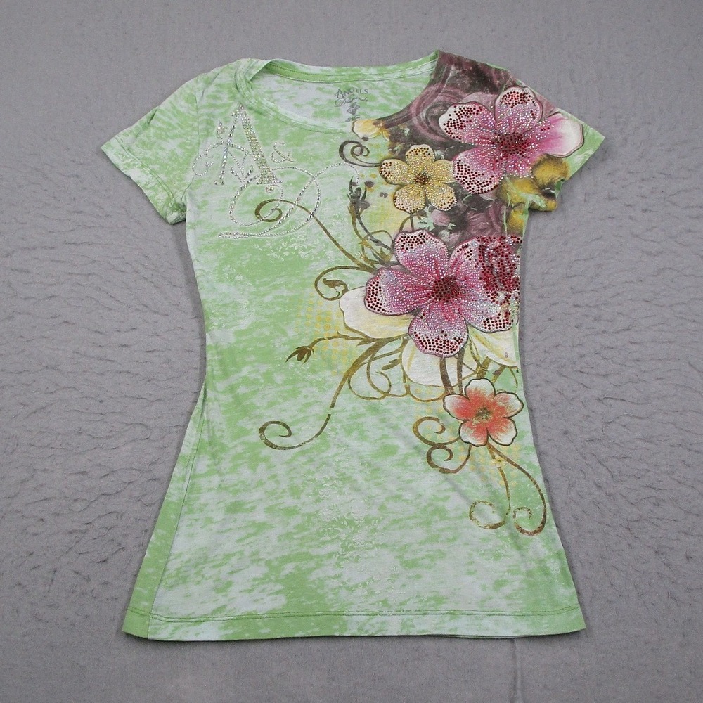 Angels & Diamonds Womens Green Floral Rhinestone Burnout T-Shirt Small Y2K